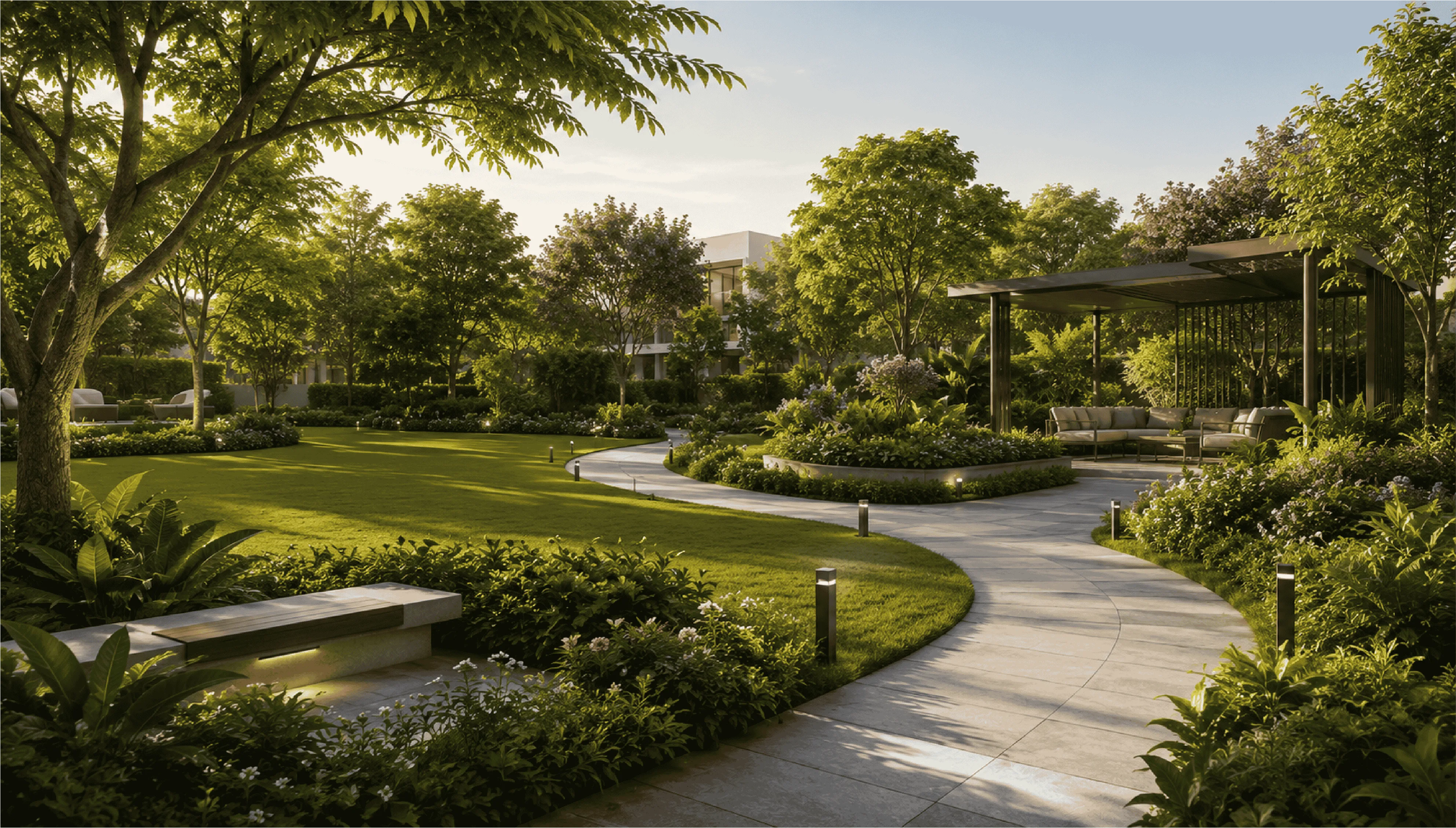 Landscaped green spaces surrounding a premium residential community