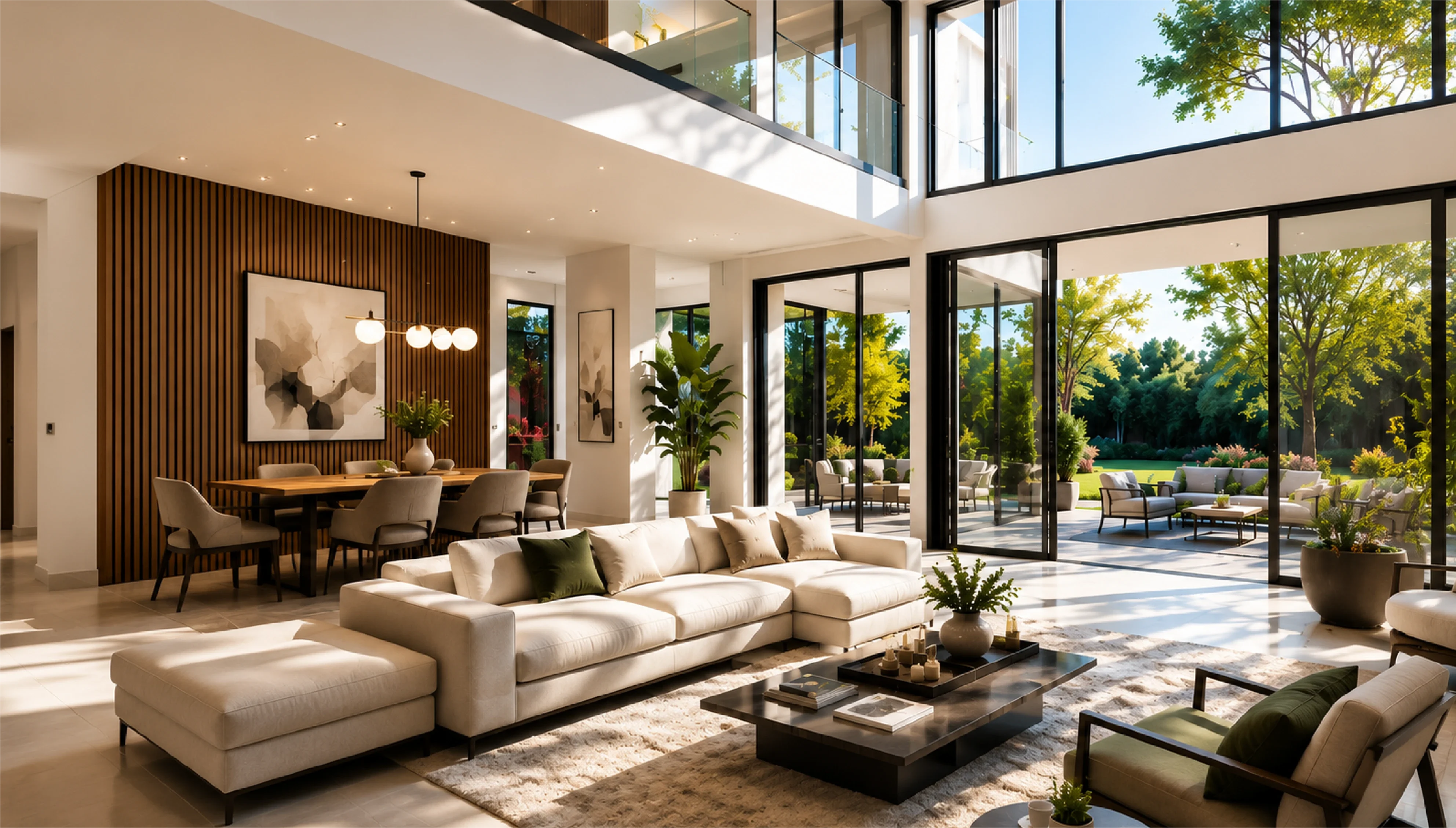 Modern luxury villa interior with natural light and thoughtfully planned living spaces