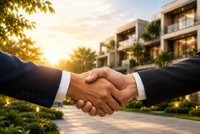 Business partners shaking hands at a Futurearth development
